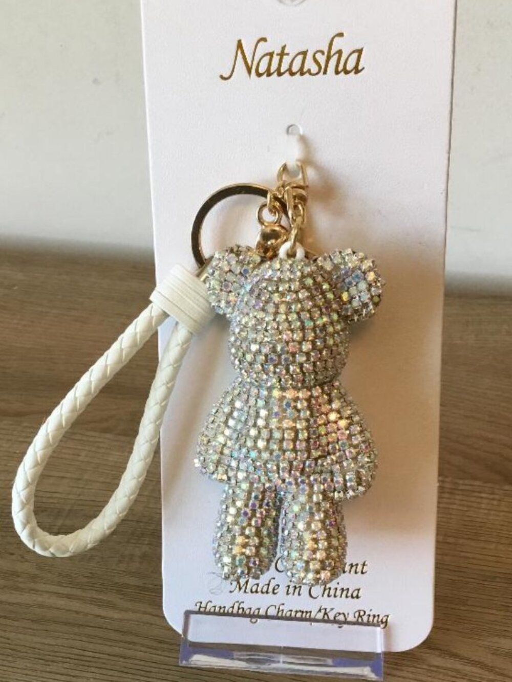 Natasha Sparkling Rhinestones Bear Bag Charm Keyring w/White Braided Strap NWT